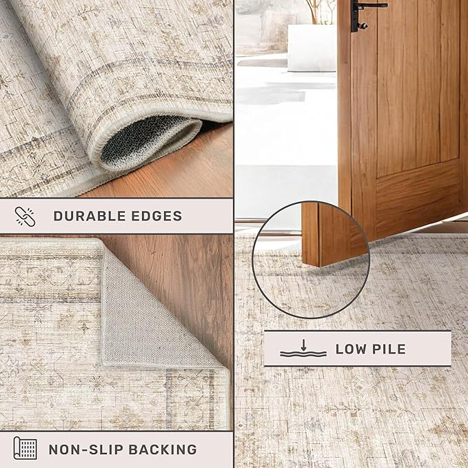 2'6"x10' Extra Long Runner Rugs for Hallways Non Slip, Machine Washable Rug Runner for Kitchen Floor, Entryway, Soft Low Pile Neutral Light Beige Décor, Geometric Floral Pattren Stain Resistant Carpet