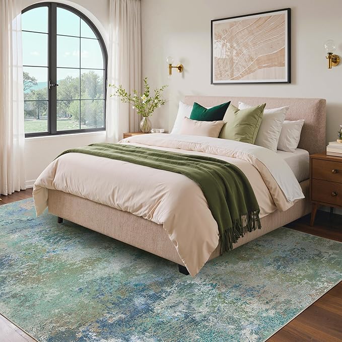 Area Rugs 5x7 for Living Room Bedroom, Modern Abstract Machine Washable Rug, Large Soft Low Pile Floor Carpet with Non Slip Backing for Dining Room, Blue Green