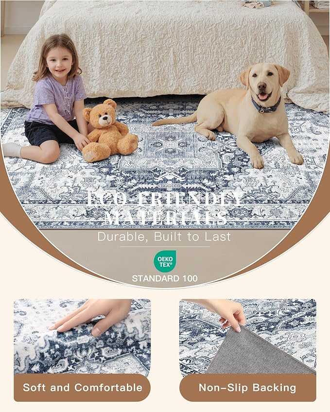 Madane Runner Rugs for Hallway 2x12 Extra Long Washable Non-Slip Hallway Runner Rug Low-Pile Stair Kitchen Throw Carpet Runner for Entrance Living Dining Laundry Room Rug (Navy/White, 2'x12')