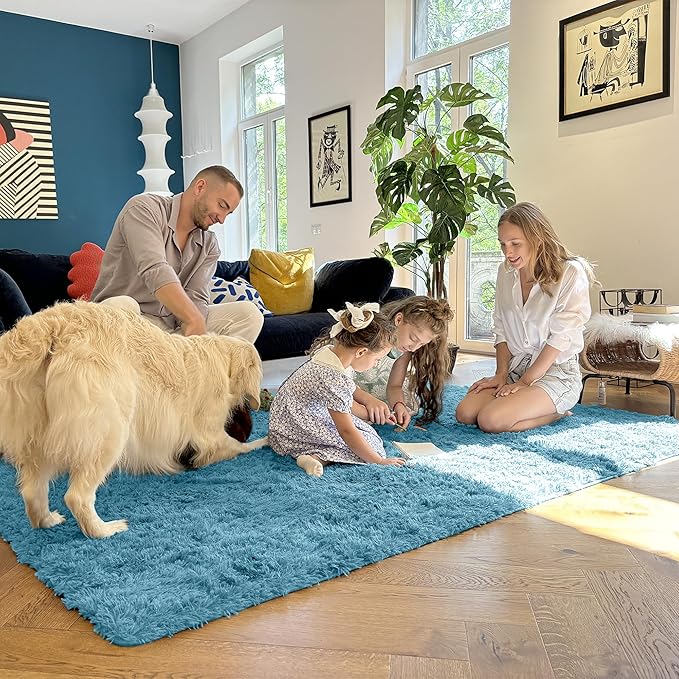 OLANLY 3x5 Machine Washable Small Bedside Rug, Soft Fluffy Shaggy Rugs for Living Room, Bedroom, Indoor Floor Carpet for Kids Girls and Boys, Preppy Dorms, Nursery, Home Decor Aesthetic, Slate Blue