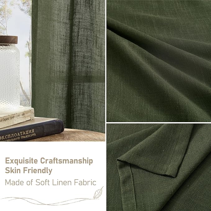 LAMIT Olive Green Linen Curtains 63 Inch for Bedroom, Light Filtering Neutral Semi Sheer Window Curtains Back Tab and Rod Pocket Christmas Panels, 2 Panels, 52 x 63 Inch