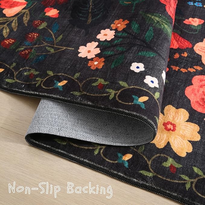 Rugcomf Runners for Hallways Kitchen Rug Non Slip 2'x 10' Long Washable Runner Rugs with Rubber Backing Soft Floral Carpet Runner for Hallways, Kitchen, Laundry, Bedroom, Bathroom(Black)