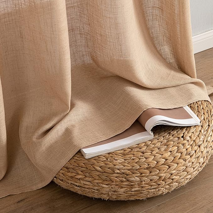 MIULEE Light Brown Linen Curtains 63 Inch Length 2 Panels for Bedroom Living Room, Soft Thick Linen Textured Kitchen Window Drapes Semi Sheer Light Filtering Back Tab Rod Pocket Burlap Look Decor