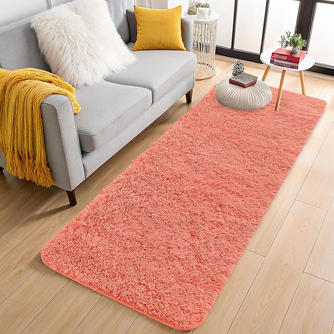 OLANLY 2x8 Machine Washable Runner Rugs for Hallway, Soft Fluffy Shaggy Bedside Rugs for Bedroom, Living Room, Indoor Floor Carpet for Kids Girls and Boys, Home Decor Aesthetic, Coral Red