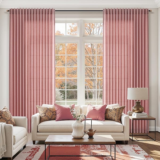 Canyon Rose Linen Curtains 132 Inch Length for Living Room Light Filtering Semi Sheer Curtain Back Tab Modern Farmhouse Decor Boho Girl Drapes Floor to Ceiling High Window for Bedroom 52x132, 2 Panels