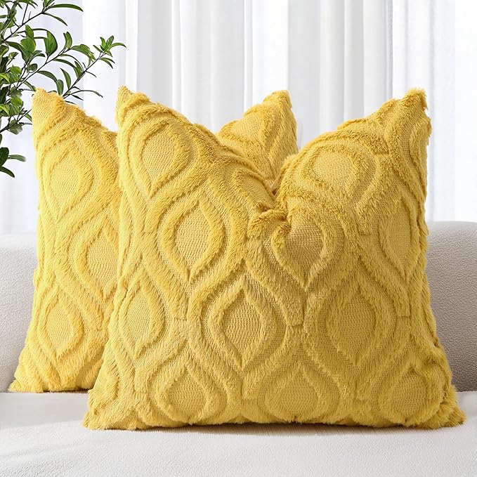 decorUhome Summer Throw Pillow Covers 24x24 Inch Set of 2, Soft Plush Faux Wool Mustard Yellow Solid Couch Pillow Covers, Accent Euro Sham Farmhouse Square Pillow Cases for Sofa Bed Living Room
