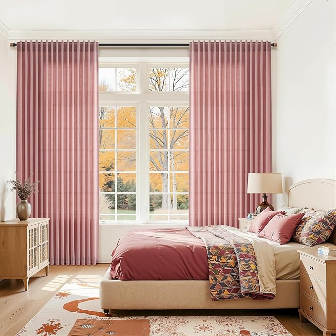 Canyon Rose Linen Curtains 132 Inch Length for Living Room Light Filtering Semi Sheer Curtain Back Tab Modern Farmhouse Decor Boho Girl Drapes Floor to Ceiling High Window for Bedroom 52x132, 2 Panels