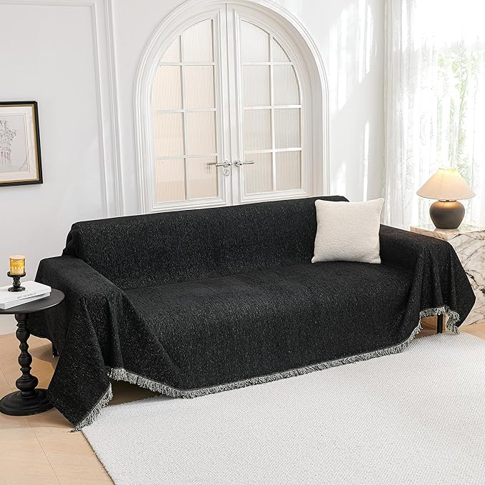 MYSKY HOME Couch Cover for Dogs Washable Couch Covers Couch Covers for Sofa Couch Cover 2 Cushion Sofa Non Slip Dogs Furniture Protector with Tassels Chenille Sofa Covers for Pets, 71"x102", Black