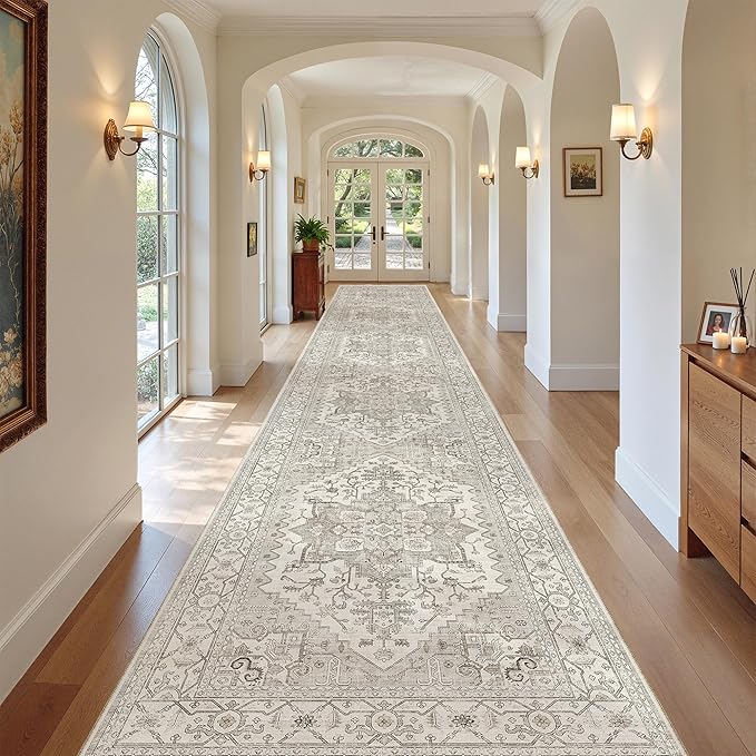 Madane Hallway Runner Rug 3x18 - Kitchen Rugs 18ft Washable Entryway Rug Vintage Kitchen Runners Non Slip Indoor Area Rug Farmhouse Carpet Runner for Bathroom Living Room Bedroom, Beige/Brown