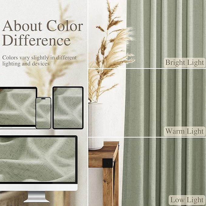 Nanspring Sage Green Curtains 132 Inches Long 2 Panels for Living Room Back Tab Rod Pocket Semi Sheer Linen Drapes Neutral Sage Room Decor Green Curtain Ceiling to Floor Length for Dining Room 52x132