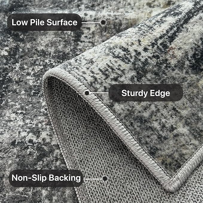 Runner Rug for Hallway Kitchen 2x10 Machine Washable Runners Rug for Entryway, Dark Gray Soft Modern Abstract Throw Rugs, Low Pile Floor Carpet with Non Slip Rubber Backing