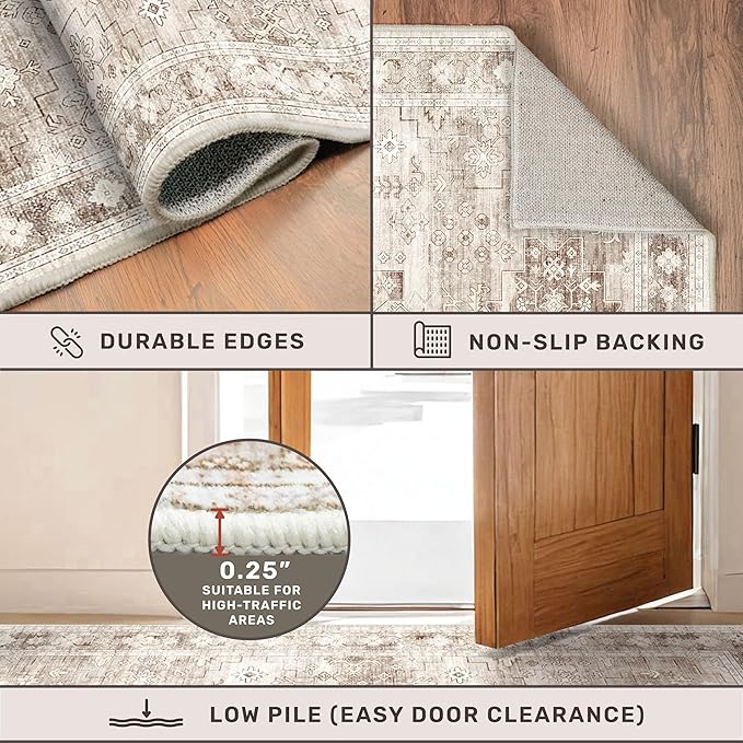 Hazo Haus Boho Long Bathroom Runner Rug 24 x 72 Washable Non Slip - Soft Stain Reistant Rugs for Kitchen, Laundry Room, Hallway Runner - Neutral Floral Design Décor (2x6 Beige/Latte)