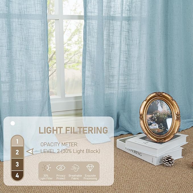 LAMIT Linen Curtains 48 Inch Length 2 Panels, Light Filtering Panels Back Tab and Rod Pocket Country Decor Drapes for Kitchen/Window/Loft Room/Bedroom, 34 x 48 Inch, Stone Blue