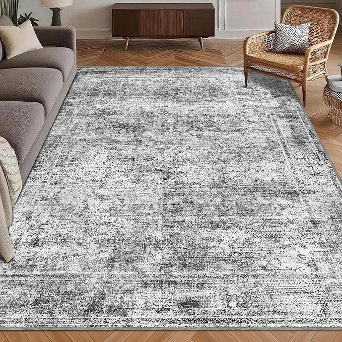 Washable Area Rug 4' x 6' Vintage Traditional Persian Mat - Foldable Distressed Non-Slip Machine Washable Carpet for Living Room Bedroom Kitchen Home Decor - Graphite and Mist