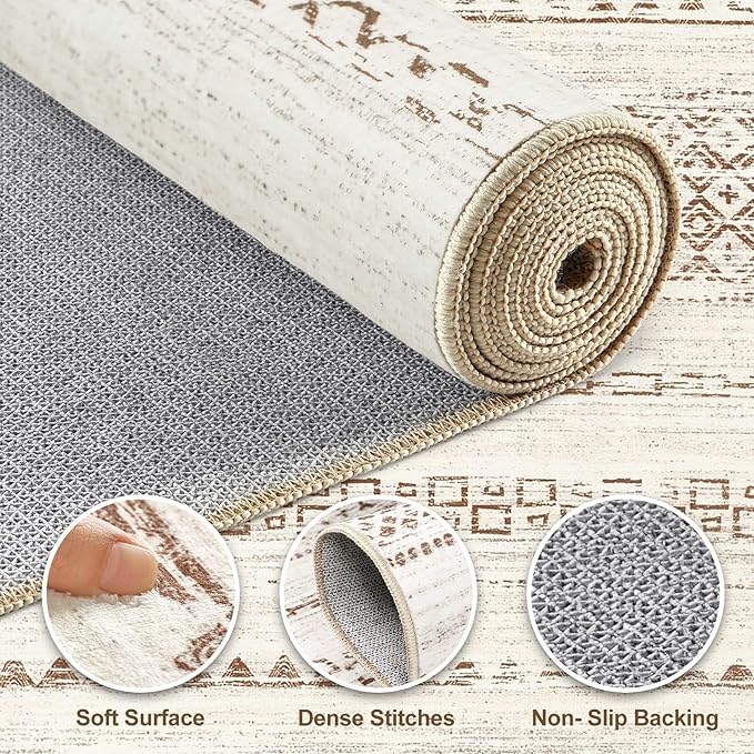 Nakagishi 5x8 Area Rug Living Room: Washable Boho Large Neutral Modern Soft Farmhouse Rugs Stain Resistant Indoor Floor Non-Slip Carpet for Bedroom Nursery Kids Playroom Office Dining Room- Brown