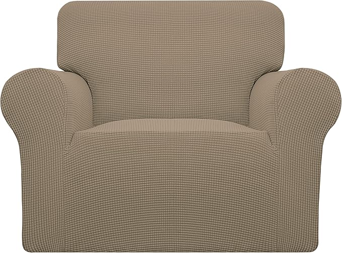 Easy-Going Stretch Chair Sofa Slipcover 1-Piece Couch Sofa Cover Furniture Protector Soft with Elastic Bottom for Kids, Pet. Spandex Jacquard Fabric Small Checks (Chair, Natural)