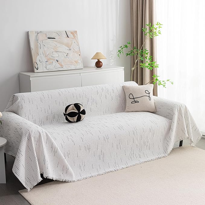 MYSKY HOME Couch Covers for 2 Cushion Couch Sectional Sofa, L Shape Sofa Protector White Chenille Couch Cover, Sofa Covers Washable Blanket with Tassel Pet Couch Cushion Cover, 71"X102"