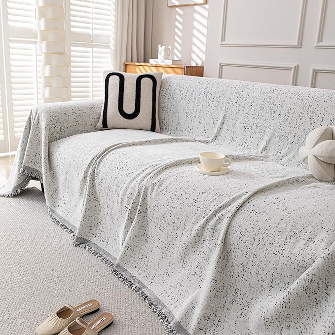 Couch Cover for Dogs, Boho Sofa Covers for 3 Cushion Couch, Chenille Slipcover for Pets Washable, L-Shape Sectional Couch Loveseat Cover Soft Throw Blankets with Tassels(71x134,Speckled Grey)