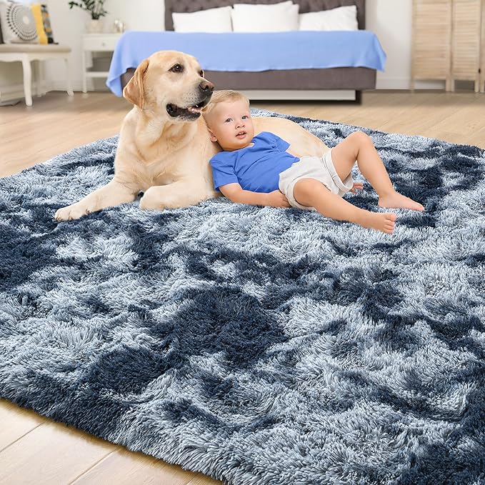 Tepook Soft Fluffy Rugs for Living Room, 5x8 Shaggy Area Rug for Bedroom, Modern Shag Rug Fuzzy Carpets for Kids, Plush Indoor Nursery Home Decor Rug with Non-Slip Bottom, Tie-dye Dark Blue