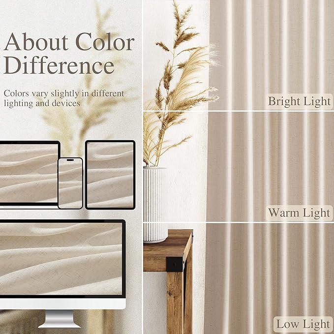Nanspring 102 Inch Long Curtains for Living Room Cream Beige Linen Light Filtering Semi Sheer Curtain Back Tab Modern Farmhouse Decor Floor to Ceiling Coastal Drapes for Bedroom 52x102, 2 Panels