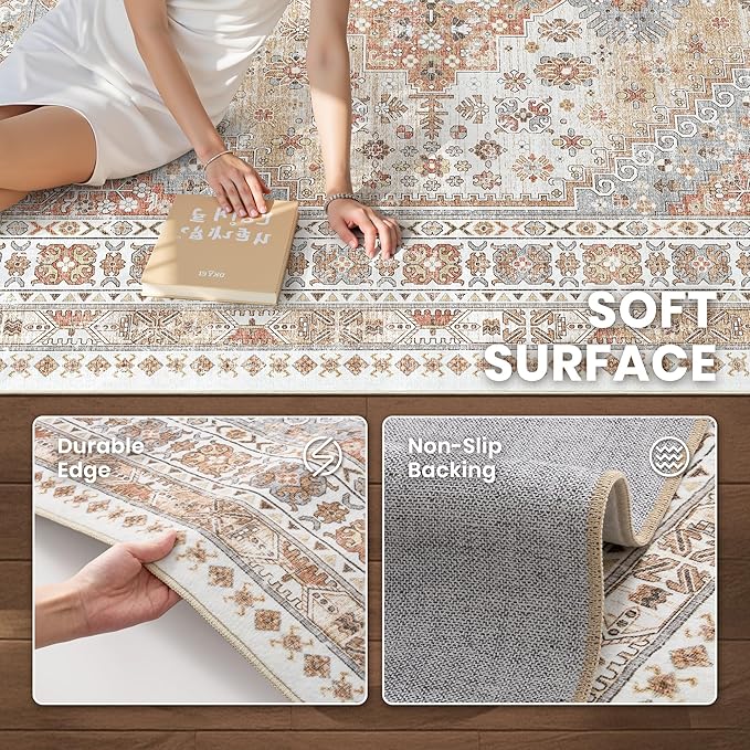 zesthome 5x8 Area Rugs - Ultra-Thin Washble Rug, Stain Resistant Anti Slip Backing Rugs for Living Room,Bedroom, Vintage Home Decor Area Rug (Orange,5'x8')