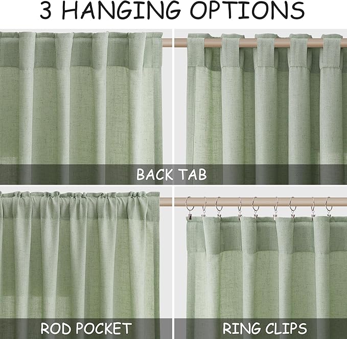 Nanspring Mist Sage Linen Curtains 108 Inches Long for Living Room Bedroom 2 Panels Set Extra Long Back Tab Curtain Light Filtering Sheer Drapes Floor to Ceiling Curtain for Large Windows 52x108