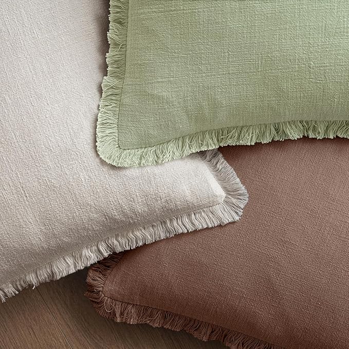 MIULEE Decorative Throw Pillow Covers Neutral Linen Fringe Throw Pillows Euro Shams Set of 2 Dark Coffee Boho Farmhouse Cushion Covers for Couch Sofa Bed Living Room Spring Home Decor 26x26 Inch