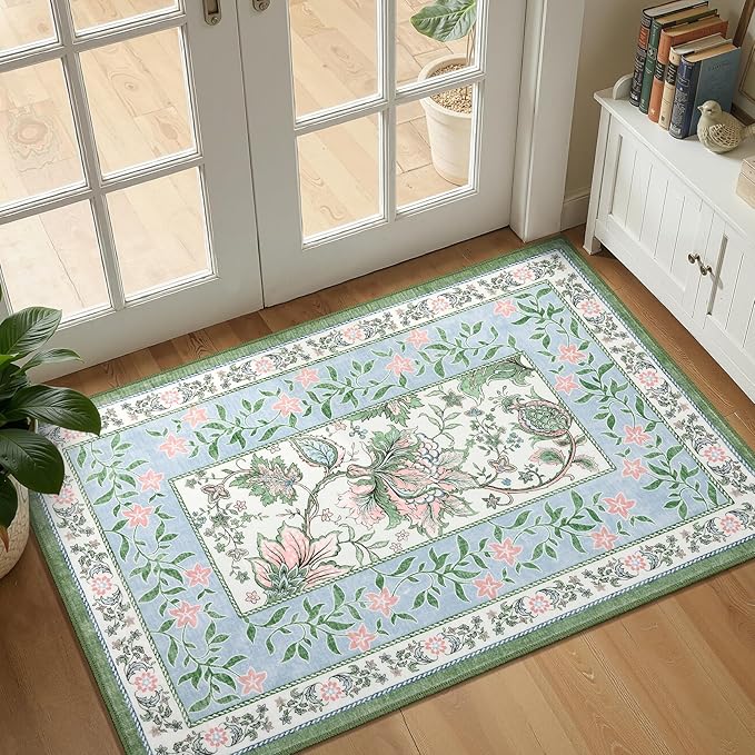 GarveeHome Blue Green Pink 8x10 Area Rugs for Living Room, Botanical Grove Cottagecore Washable Rug for Bedroom Dining Nursery Low-Pile Vintage Large Carpet