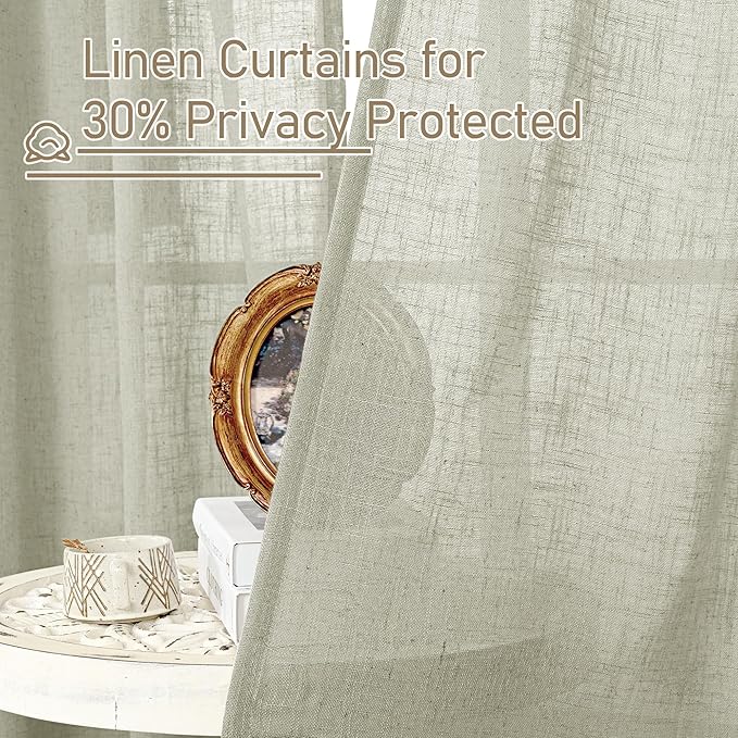LAMIT Sage Grey Linen Curtains 90 Inch for Living Room, Back Tab and Rod Pocket Linen Textured Farmhouse Curtains Light Filtering Drapes for Bedroom/Dining Room, Set of 2, 52 x 90 Inch
