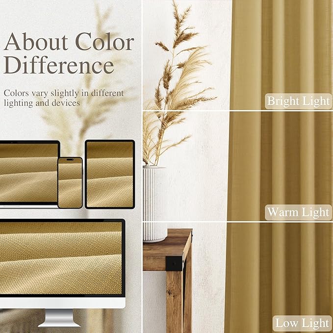 Gold Linen Curtains 63 Inches Long 2 Panel Sets for Living Room Bedroom Rod Pocket Back Tab Light Filtering Drape for Kitchen Window Short Protect Privacy Curtain Modern Farmhouse Decor 52x63
