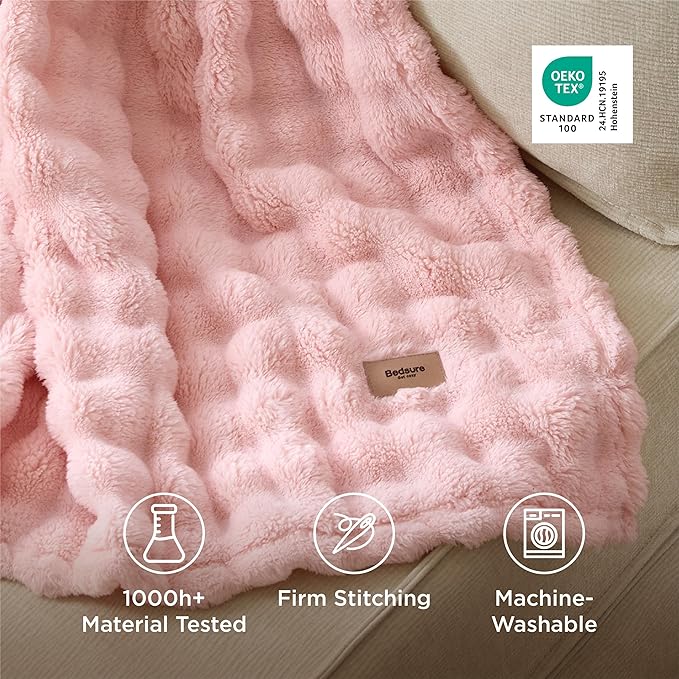 Bedsure 3D Fleece Bubble Blanket for Couch - GentleSoft Pink Throw Blanket for Sofa Bed Room Decor - Luxury Soft Cozy Gifts for Kids Girls, Lightweight, All Seasons, Pink, 50"×60"