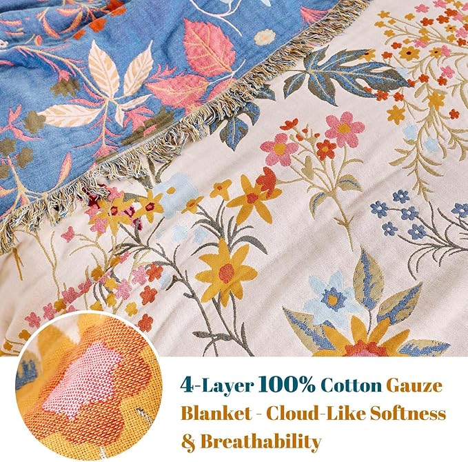 MSGKV Boho Throw Blanket for Bed 60"x80" Cotton Floral Twin Size Blanket Lightweight Farmhouse Muslin Spring Breathable Couch Blankets Home Decor All Seasons