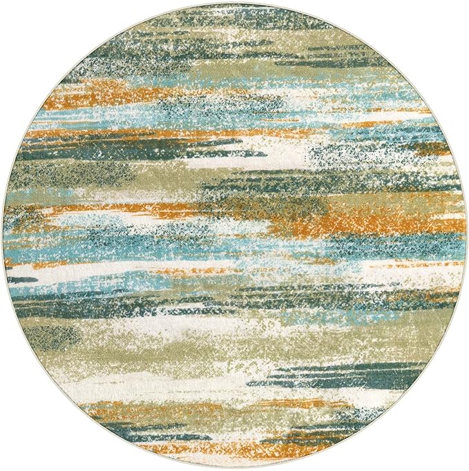 Lansny Modern Abstract Round Rug 3Ft, Green Mustard Multi Round Rug Washable Non-Slip Soft Small Circle Rug, Circular Entryway Rug Thin Print Faux Wool Carpet for Bedroom Living Room Office