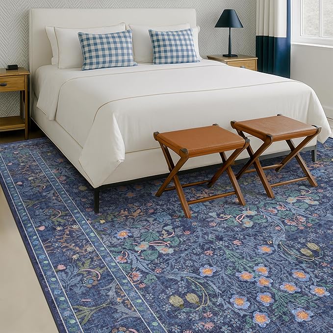 Hazo Haus Vintage Dark Blue Living Room Rug, 7x10 Washable Large Area Rugs for Bedroom, Dining Room Rugs Under Kitchen Table, Oriental Navy Blue Low Pile Stain Resistant Non-Slip