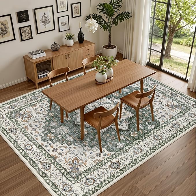 5x7 Area Rugs Living Room Rug: Washable Vintage Boho Medallion Rug No Slip Stain Resistant Soft Carpet Indoor Large Carpets for Bedroom Dining Room Farmhouse Nursery Hallway Home Office Green Ivory
