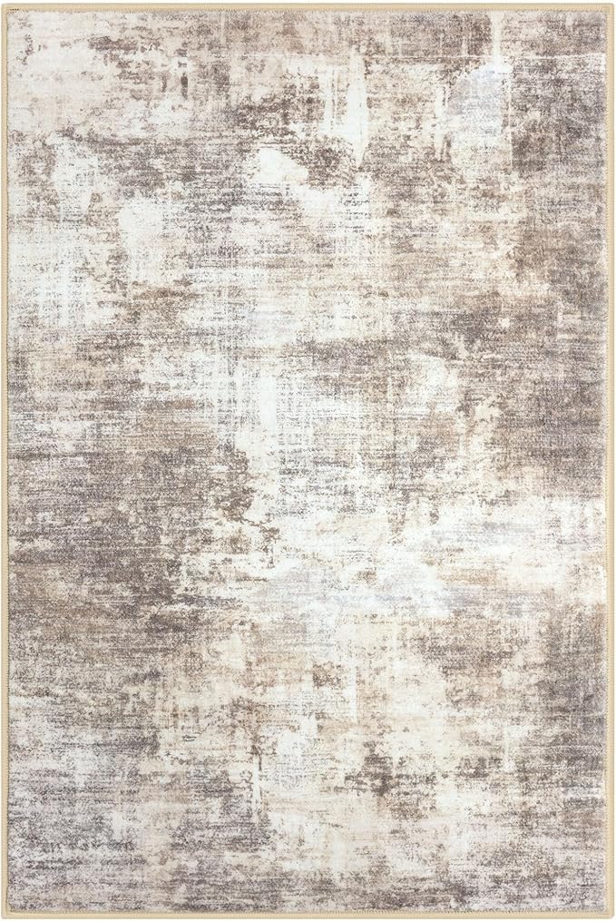 IOHOUZE Abstract Area Rugs 5x7 Ft Washable Rugs for Living Room, Non Slip Dining Room Rug, Printed Faux Wool Rugs for Bedroom, Floor Carpet for Office Nursery Playroom, Beige Brown