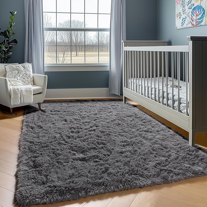 ONASAR Grey Area Rugs for Bedroom Living Room, Fluffy Fuzzy Shag Shaggy 4x6 Bedside Rug, Gray Soft Plush Indoor Floor Carpet for Nursery Kids Girls Boys Teen Dorm Home Office Decor Aesthetic