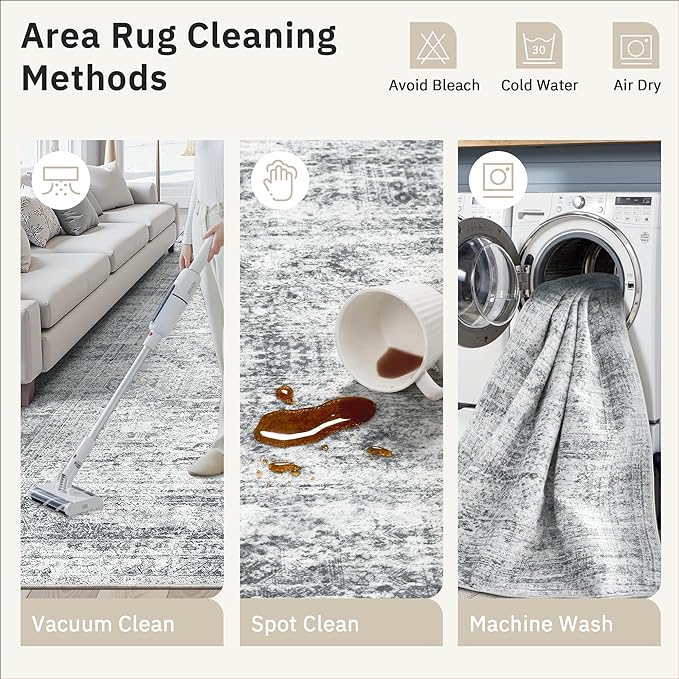 Soalmost 3x5 Rug, Small Area for Kitchen, Entryway, Machine Washable Non-Slip Throw Rug, Vintage Carpet for Nursery Coffee Table Grey