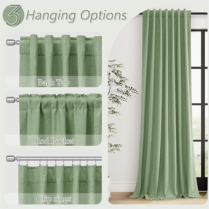 Guken 100% Blackout Linen Curtains 102 Inch Length 2 Panels Set for Living Room Bedroom Back Tab Thermal Insulated Black Out Linen Drapes Room Darkening Window Curtains,Light Sage