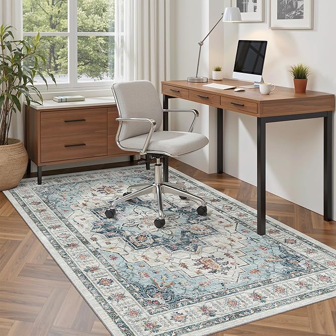 Madane Area Rug 4x6 Washable Rugs: Vintage Living Room Rug Soft Low Pile Non Slip Area Rugs Distressed Indoor Floor Carpet for Bedroom Kitchen Dining Room Home Decor, Blue
