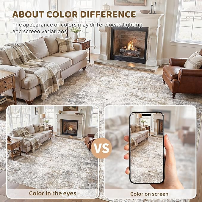 UERMEI 7x10 Area Rug Living Room Rugs - Washable Neutral Modern Abstract Soft Thin Large Rug Indoor Floor No Slip Rug Carpet for Bedroom Under Dining Table Home Office Decor - Brown Grey