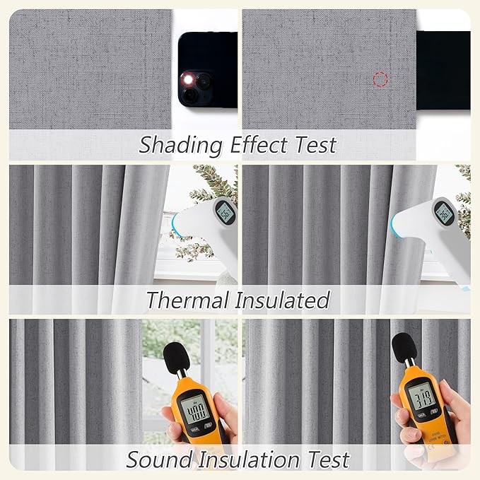 Guken Grey 100% Blackout Curtains 96 Inch Length 2 Panels Set for Living Room Bedroom Back Tab Thermal Insulated Black Out Linen Drapes Room Darkening Window Curtains 96 Inches Long