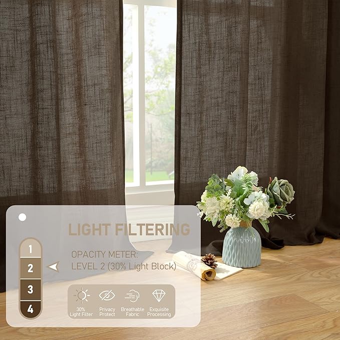 LAMIT Dark Brown Sheer Linen Curtains, 96 inch Light Filtering Semi Sheer Panels Back Tab and Rod Pocket Farmhouse Drapes for Bedroom/Living Room, 2 Panels, 52 x 96 Inch