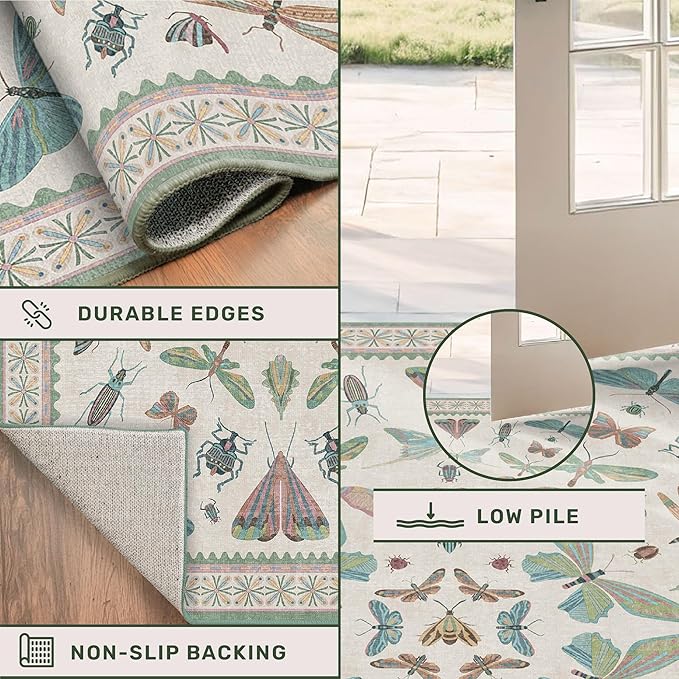 Light Blue and Pink Rug 4x6 Rugs for Bedroom Under Bed - Insect Print Multi Color Decor, Low Pile Non Slip Stain Resistant Throw Rug for Nursery Room Boys, Kitchen, Floor Carpet Aesthetic