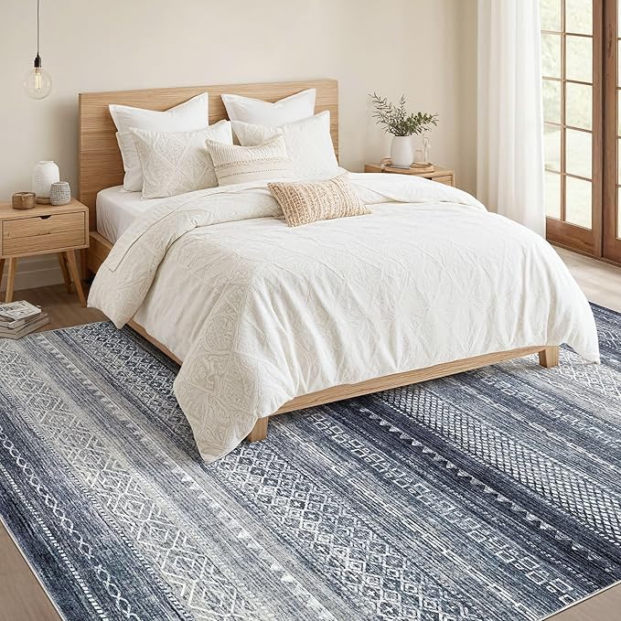 Nakagishi 10x14 Area Rugs Living Room: Washable Boho Large Neutral Modern Soft Stain Resistant Farmhouse Indoor Rug Non-Slip Accent Carpet for Bedroom Nursery Kids Playroom Office Dining Room- Blue