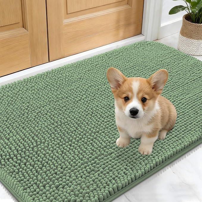 OLANLY Dog Door Mat for Muddy Paws 30x17, Absorbs Moisture and Dirt, Absorbent Non-Slip Washable Doormat, Quick Dry Chenille Mud Mat, Entry Indoor Entryway Carpet for Inside Floor, Olive Green