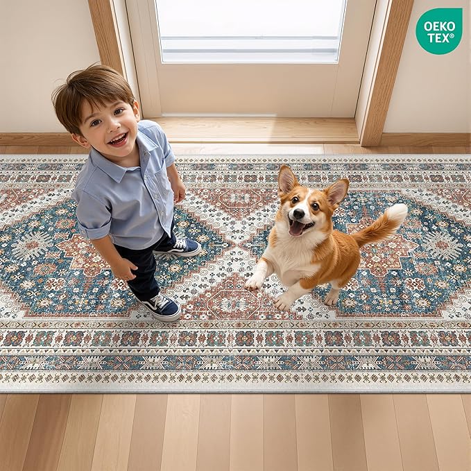 Kitchen Runner Rug Non Slip Washable 2.5x8, Soft Low Pile Entryway Rug Runners for Hallways,Carpet Runner for Living Room,Kitchen, Laundry, Bathroom(Blue/Red,2.5'x8')