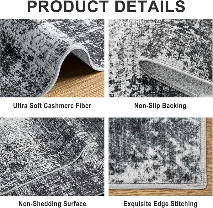 Area Rugs 10x12 Living Room - Washable Rug Modern Abstract Soft Large Neutral Non-Slip Carpet Indoor Floor Thin Carpets for Bedroom Dining Room Farmhouse Nursery Home Office Dark Black