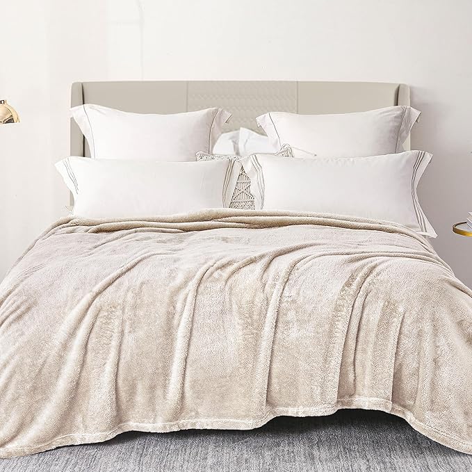 Exclusivo Mezcla Plush Fuzzy Fleece Bed Blanket Twin Size, Super Soft, Fluffy and Warm Blankets for Couch, Bed, All Season (Beige, 90x66 inches)