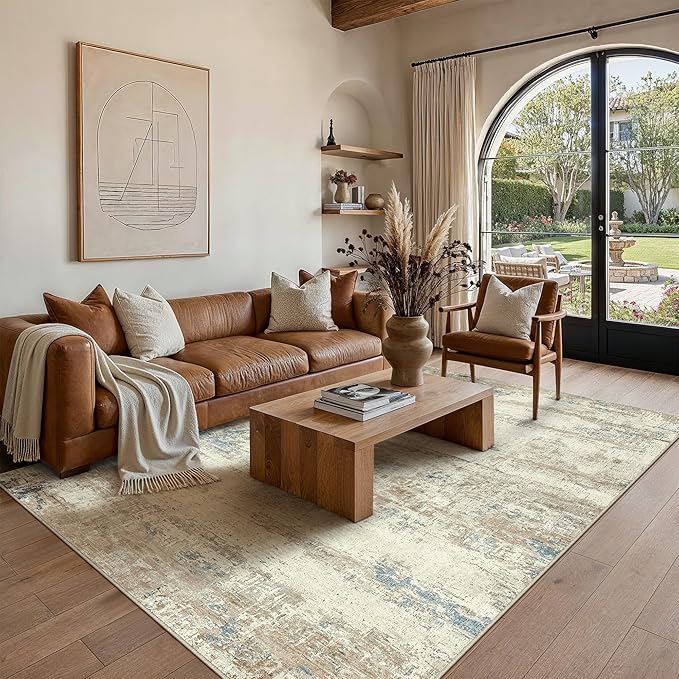 6x9 Area Rug Washable Beige Brown Abstract Living Room Carpet Non Slip Modern Neutral Soft Low Pile Contemporary Aesthetic Bedroom Large Rug Indoor Office Dining Room Playroom